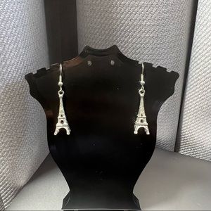Handmade Silver Eiffel Tower Sparkly Rhinestone Charm on French Wire Earrings